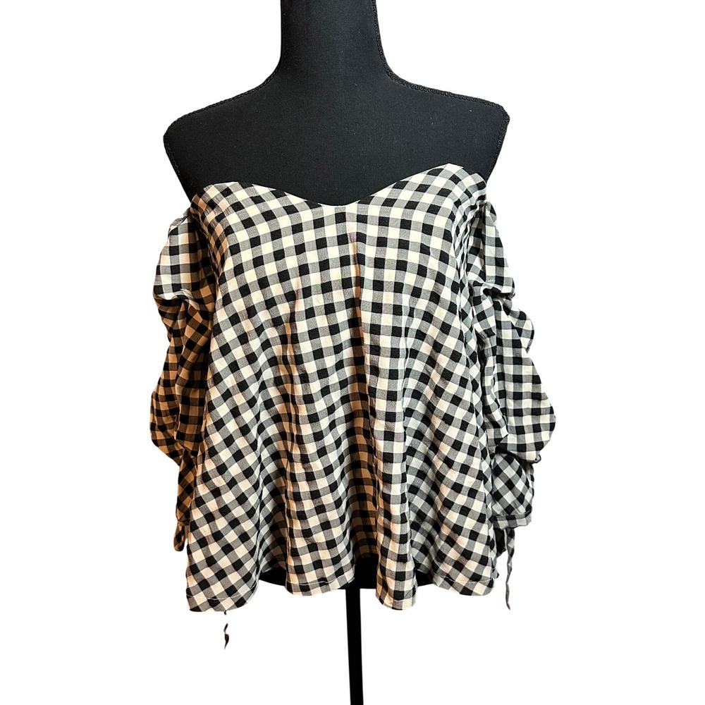 Miou Muse Mimi Gingham Off Shoulder Top Black White‎ Ruched Sleeve MMT448 Small